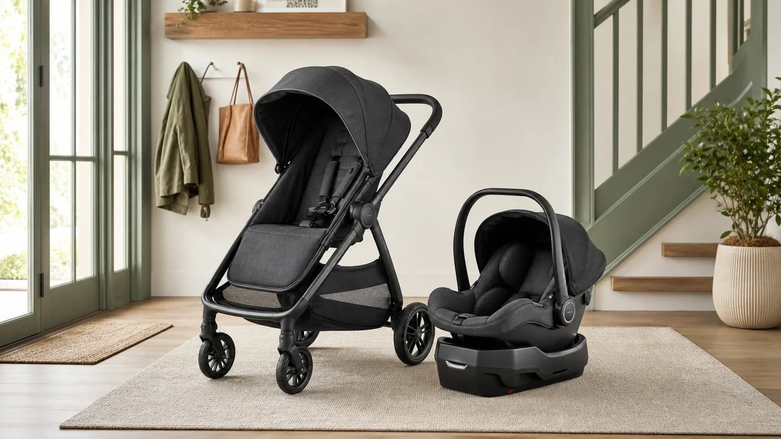 Modular stroller beside a matching infant car seat and base