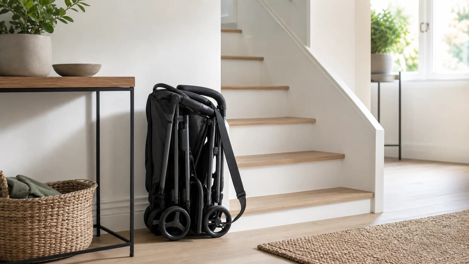 Folded lightweight stroller with a carry strap beside apartment stairs