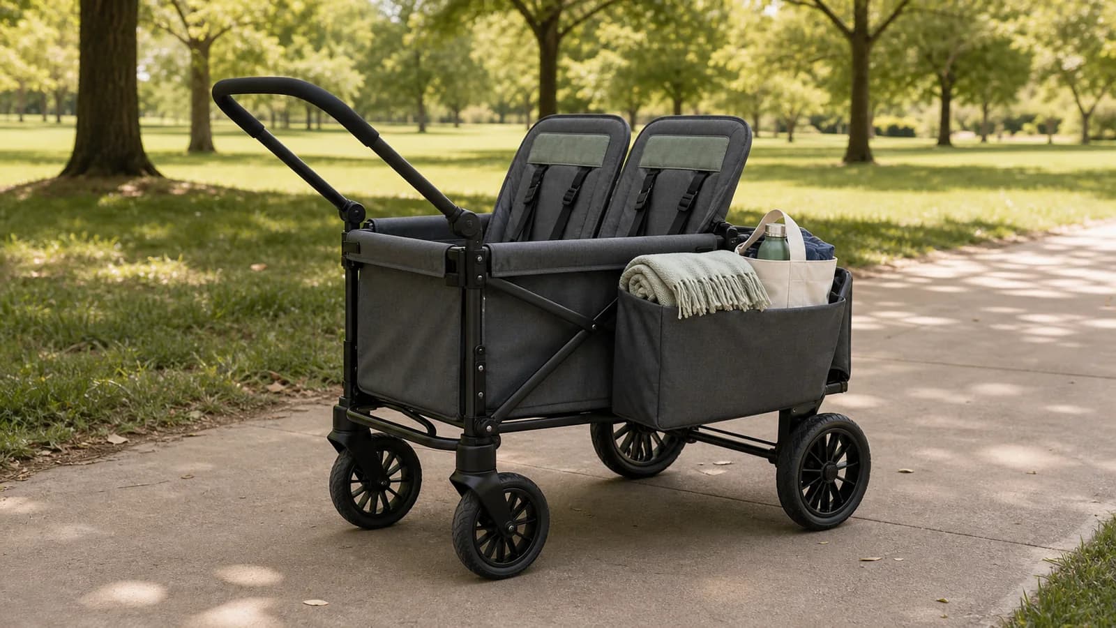 Two-seat stroller wagon loaded with outing gear on a park path