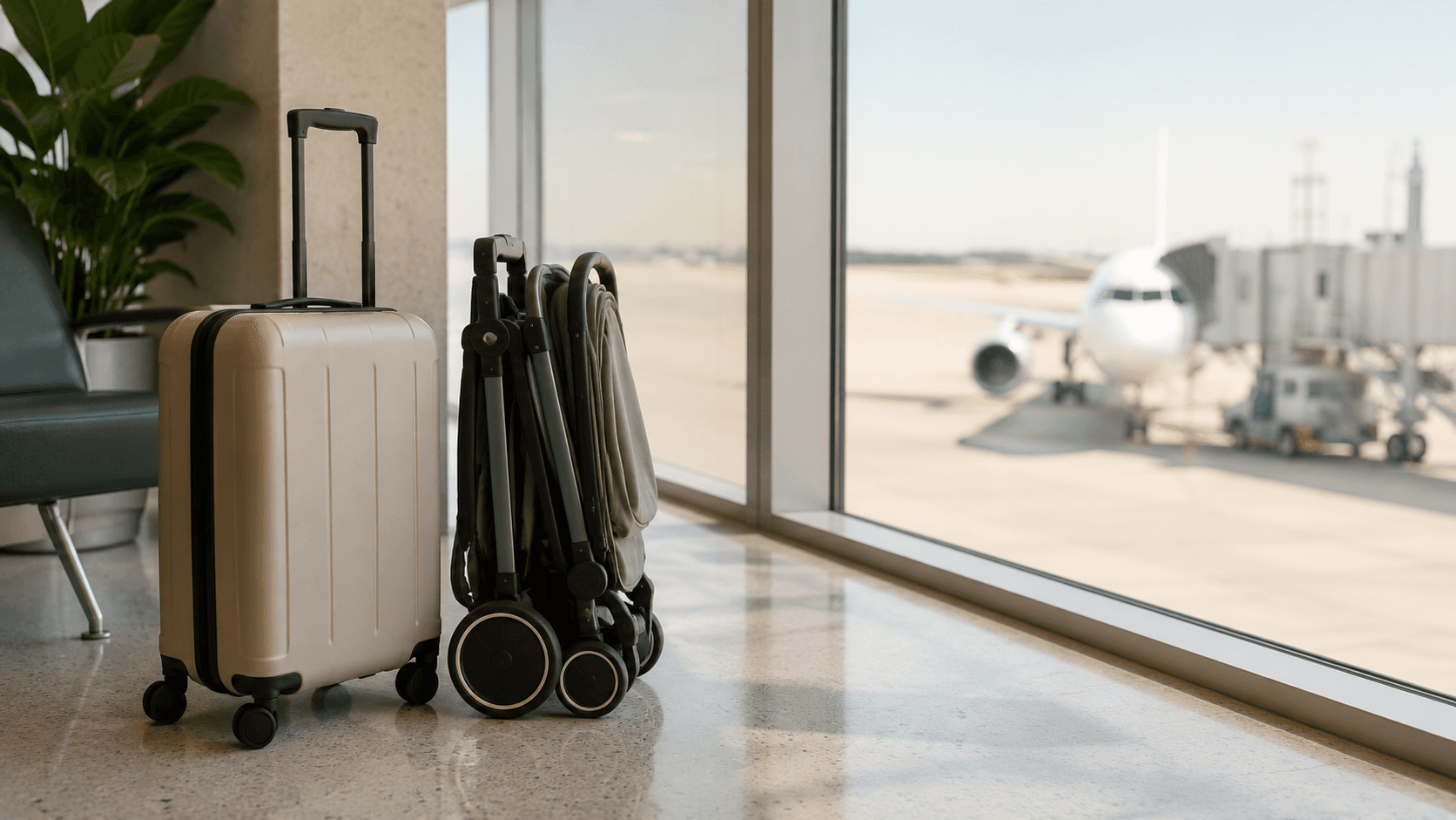 Compact stroller folded beside a carry-on bag at an airport gate