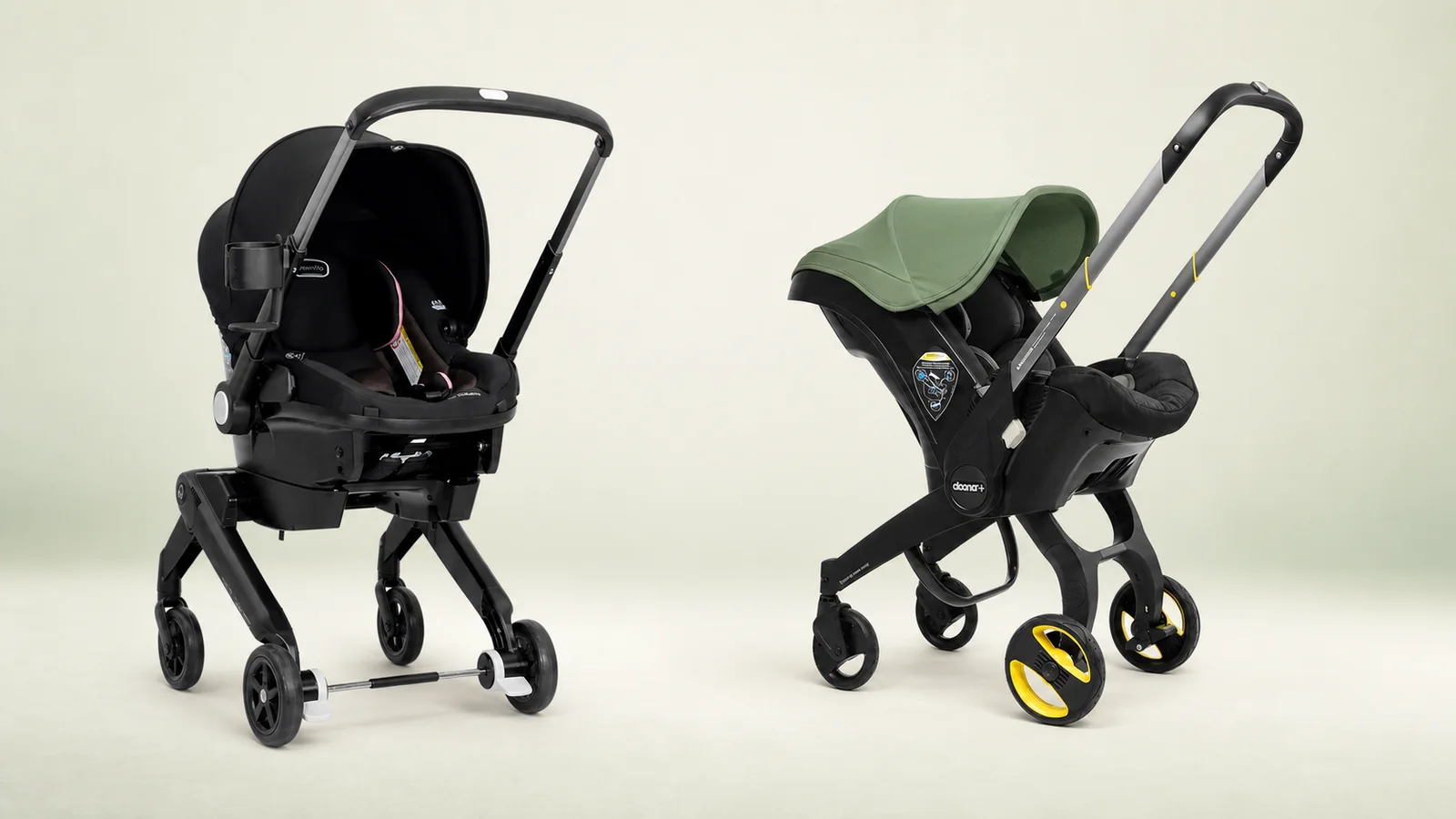 Evenflo Shyft DualRide and Doona+ infant car seat strollers shown side by side