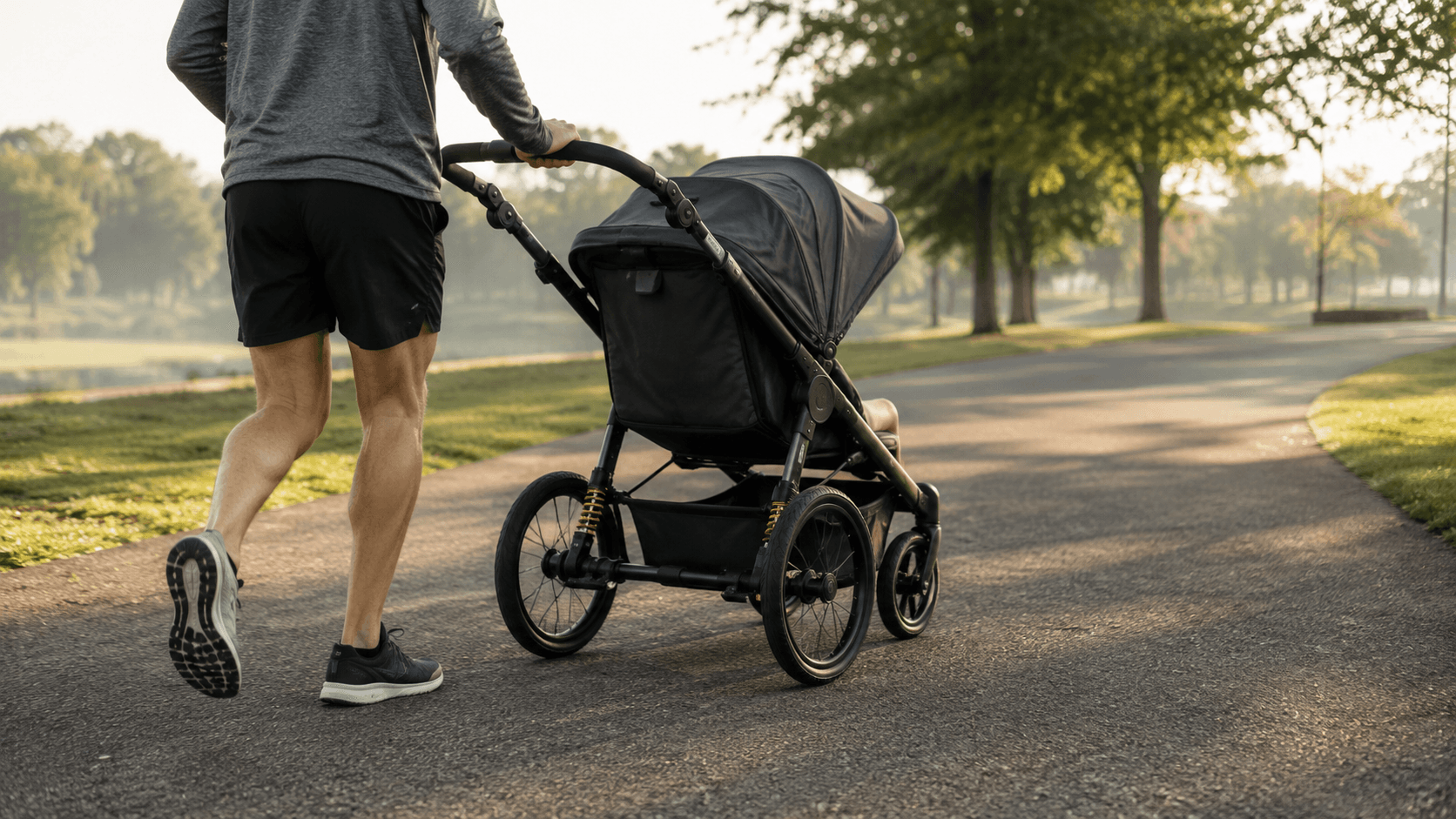 Three-wheel jogging stroller on a park path