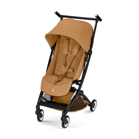 CYBEX Libelle ultra-compact carry-on stroller in a tan colorway on a black frame