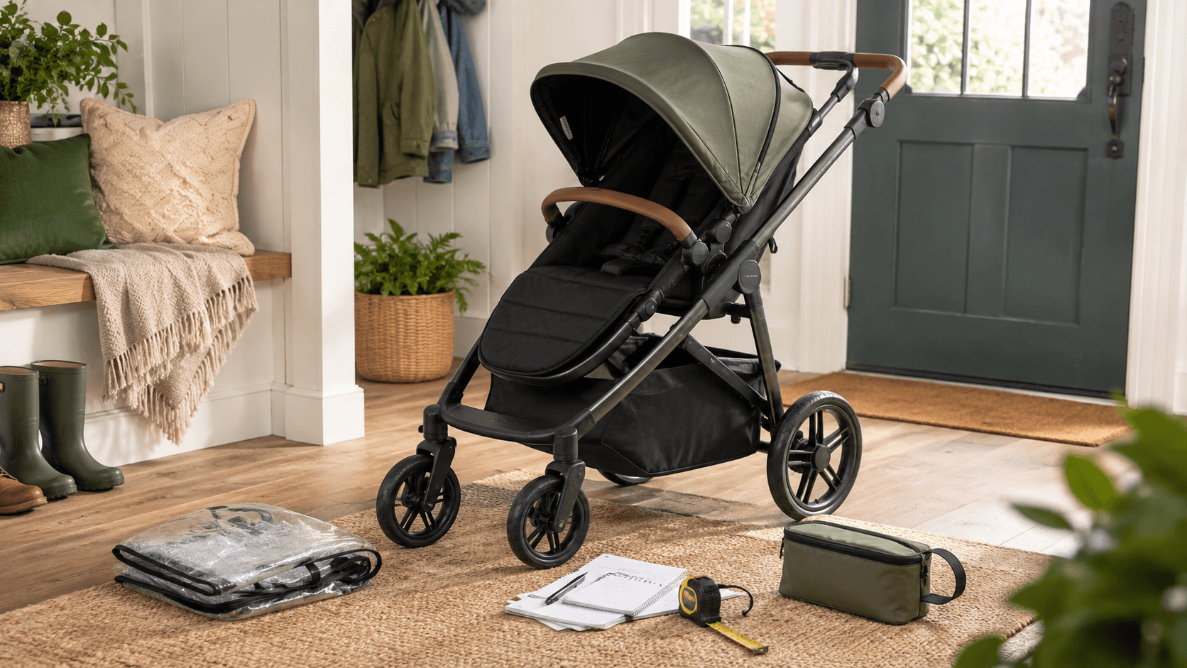 Full-size stroller review notes beside a product checklist